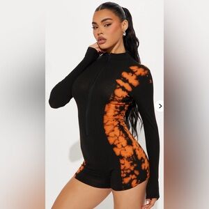Fashion Nova Black/Orange Tie Dye Romper with Front Zipper